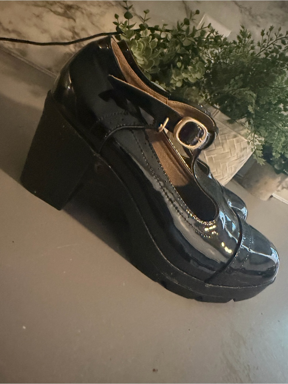 Patent Black Mary Jane Platform Heels with Buckle Strap